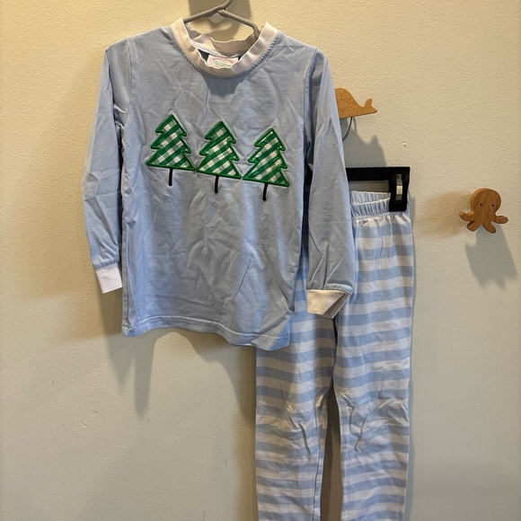 Southern Smocked Co Other - Light Blue Kids Pajama Set with Green Tree Appliqués